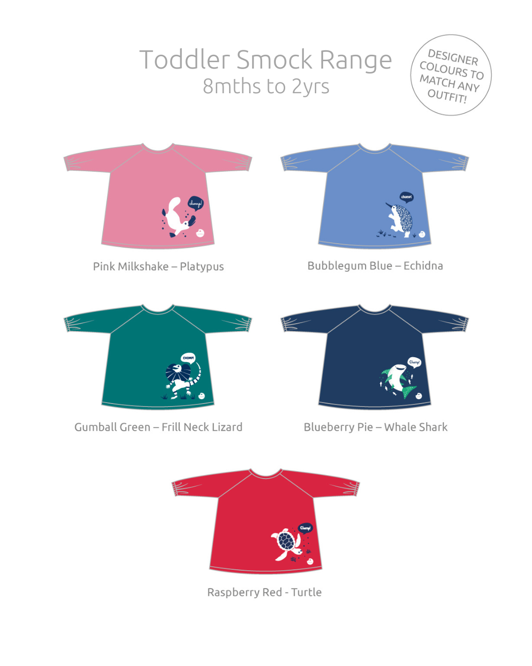 Range of colours in the Toddler sized Feeding Smocks.