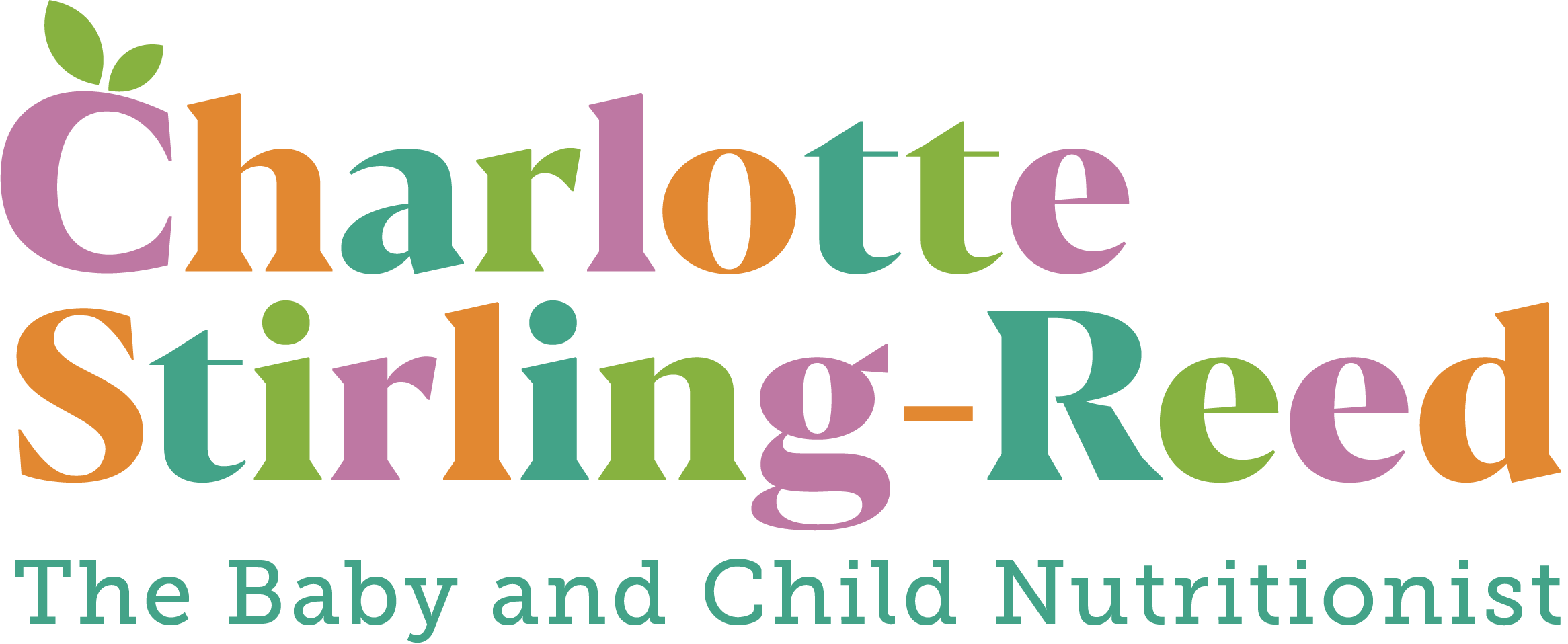 Colorful text logo for Charlotte Stirling-Reed, a baby and child nutritionist.