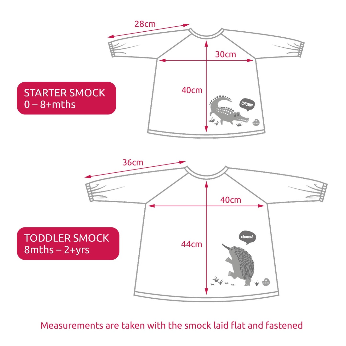 Dimensions of baby and toddler sized smocks.