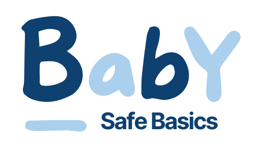 Logo of Baby Safe Basics with blue and light blue text on a white background