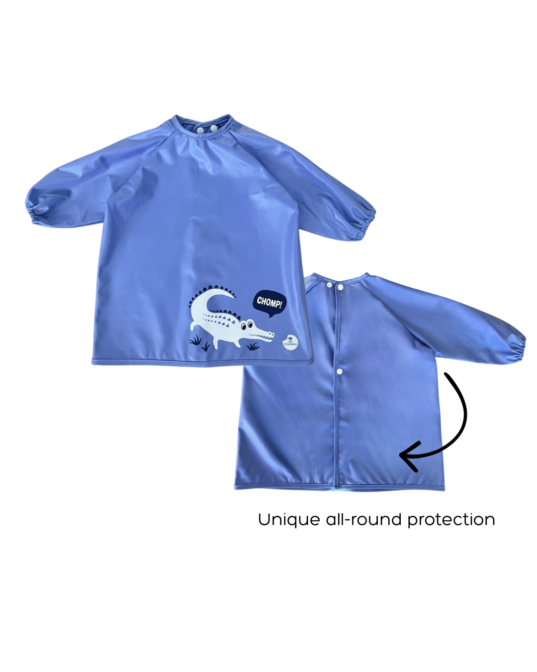 Baby bib smock flatlay showing all round protection.